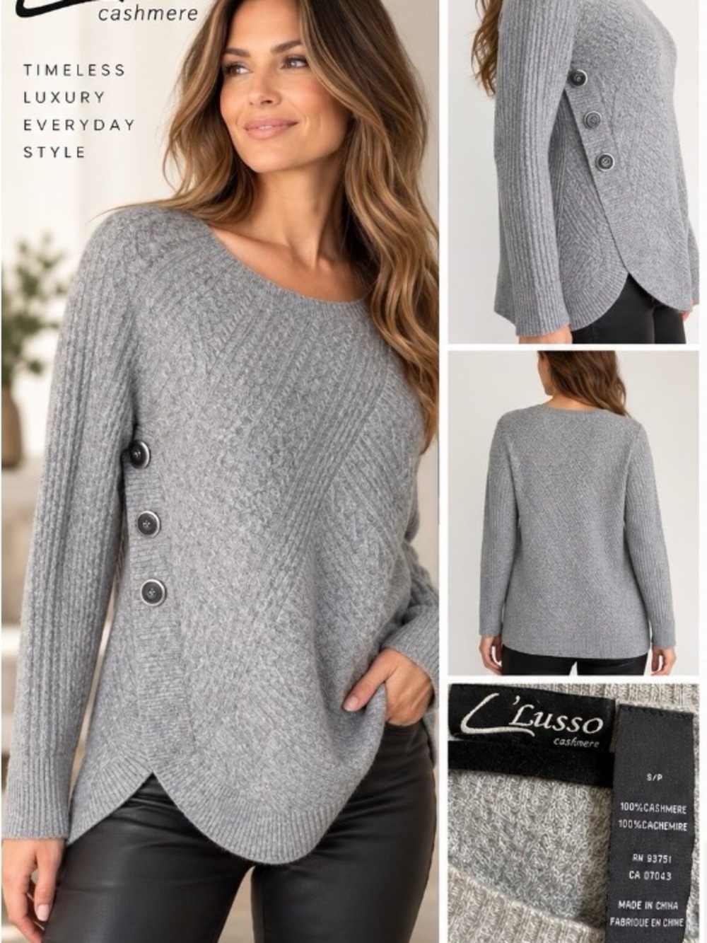 Lusso Cashmere 100% Cashmere Cable Knit Side Button oversized Sweater